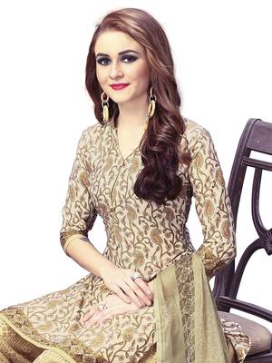 Beige printed crepe unstitched salwar with dupatta 2