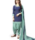 Blue printed crepe unstitched salwar with dupatta