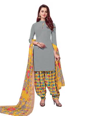 Grey Printed Crepe Unstitched Salwar With Dupatta 1
