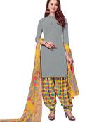 Grey Printed Crepe Unstitched Salwar With Dupatta