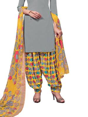 Grey Printed Crepe Unstitched Salwar With Dupatta 3