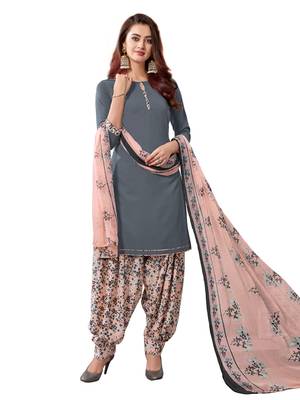 Grey printed crepe unstitched salwar with dupatta 1