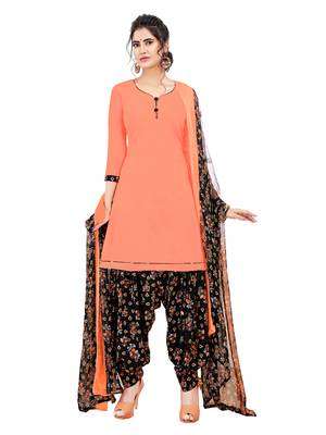 Peach Printed Crepe Unstitched Salwar With Dupatta 1