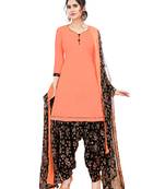 Peach Printed Crepe Unstitched Salwar With Dupatta