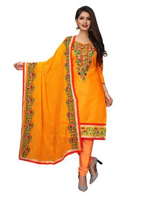 Orange Thread Embroidery Cotton Unstitched Salwar With Dupatta 1