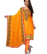 Orange Thread Embroidery Cotton Unstitched Salwar With Dupatta