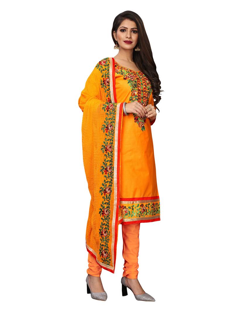 Orange Thread Embroidery Cotton Unstitched Salwar With Dupatta