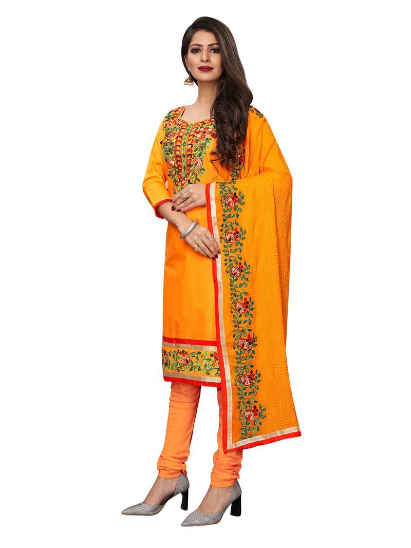 Orange Thread Embroidery Cotton Unstitched Salwar With Dupatta