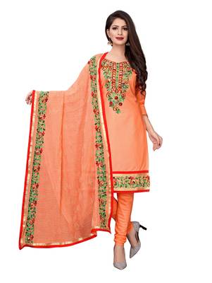 Peach Thread Embroidery Chanderi Unstitched Salwar With Dupatta 1