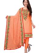 Peach Thread Embroidery Chanderi Unstitched Salwar With Dupatta