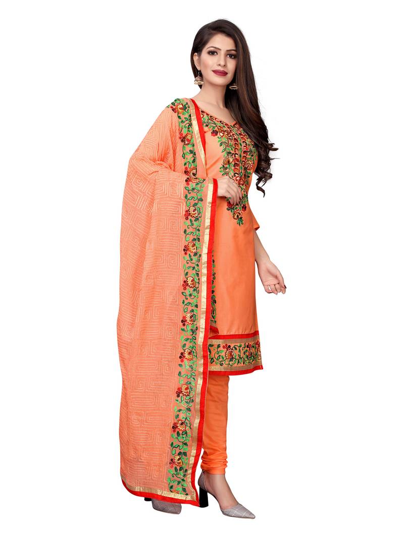 Peach Thread Embroidery Chanderi Unstitched Salwar With Dupatta