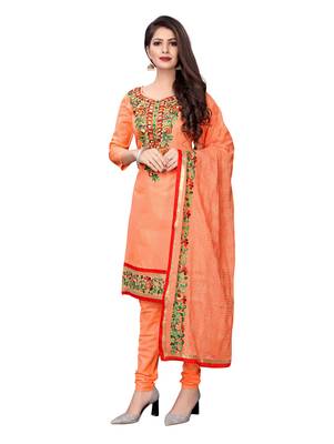 Peach Thread Embroidery Chanderi Unstitched Salwar With Dupatta 3