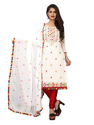 White Thread Embroidery Chanderi Unstitched Kameez With Dupatta 1