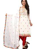 White Thread Embroidery Chanderi Unstitched Kameez With Dupatta