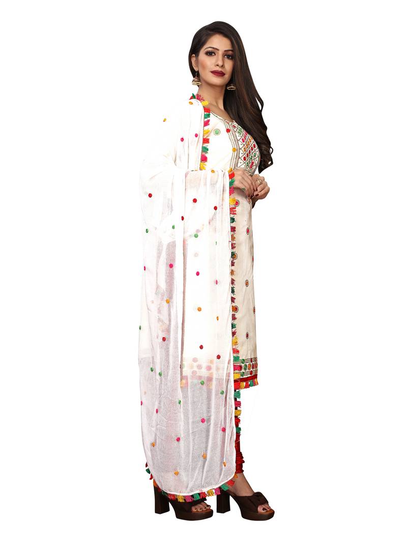 White Thread Embroidery Chanderi Unstitched Kameez With Dupatta