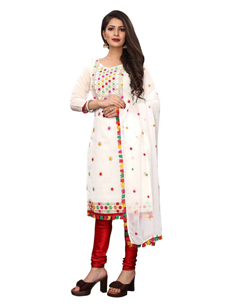 White Thread Embroidery Chanderi Unstitched Kameez With Dupatta