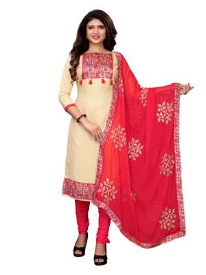 Cream Applique Cotton Unstitched Salwar With Dupatta 1