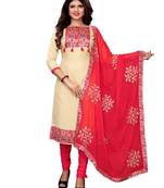 Cream Applique Cotton Unstitched Salwar With Dupatta