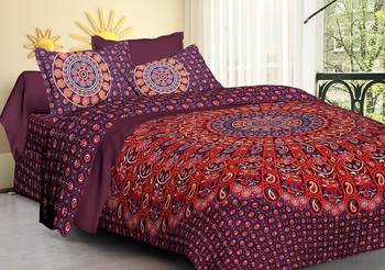 Pure Cotton Handmade 100% Mandala Hand Screen Printed Bedding Bedspread With 2 Pillow Queen Size 1