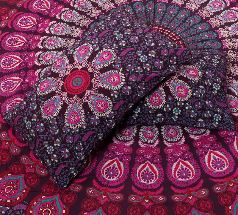 Handmade 100% Cotton Mandala Hand Screen Printed Bedding Bedspread With 2 Pillow Queen Size