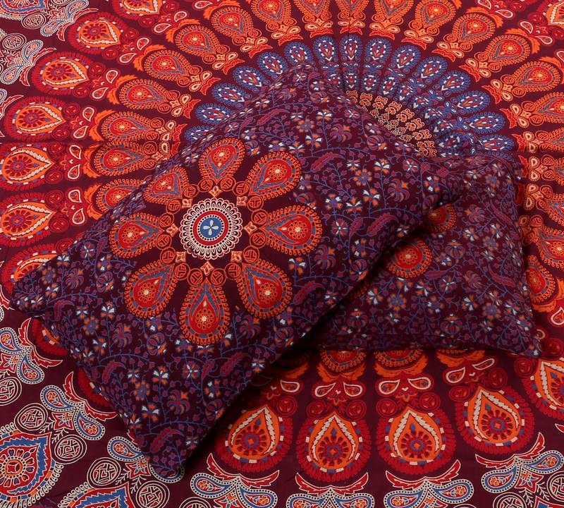 Handmade Cotton Mandala Hand Screen Printed Bedding Bedspread With 2 Pillow Queen Size 90X 108 Inches