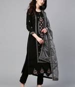 Inddus Black Muslin Silk Embroidered Dress Material With Organza Dupatta