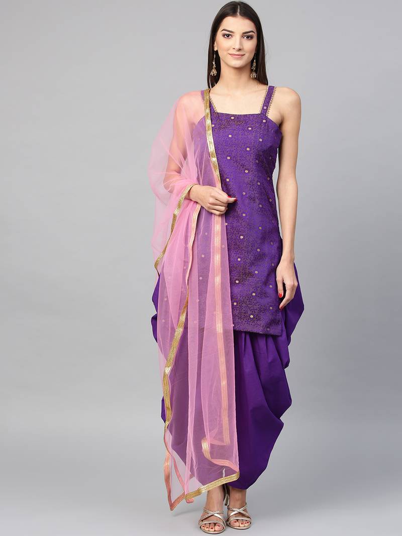 Inddus Purple Art Silk Woven Dress Material With Net Dupatta