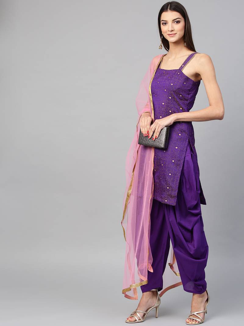 Inddus Purple Art Silk Woven Dress Material With Net Dupatta
