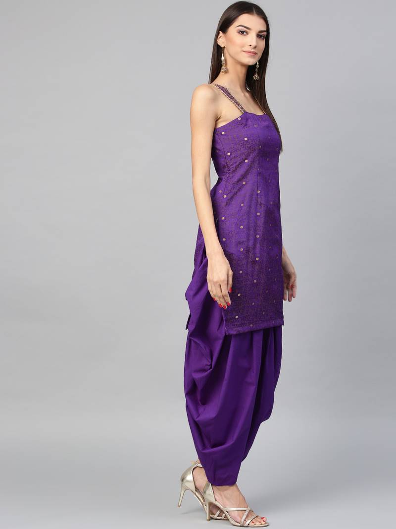 Inddus Purple Art Silk Woven Dress Material With Net Dupatta