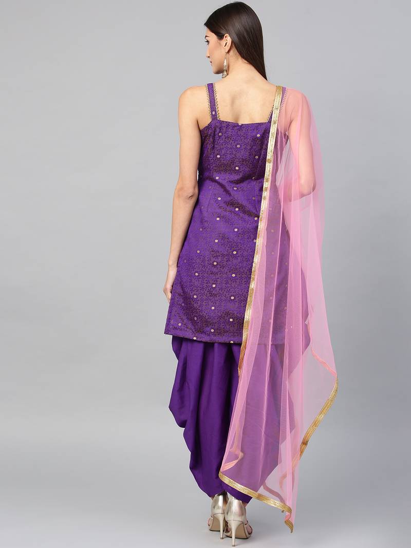 Inddus Purple Art Silk Woven Dress Material With Net Dupatta