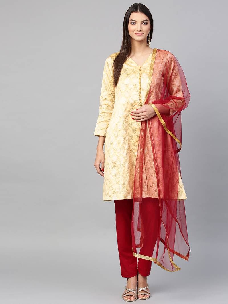 Inddus Beige Art Silk Woven Dress Material With Net Dupatta