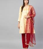 Inddus Beige Art Silk Woven Dress Material With Net Dupatta