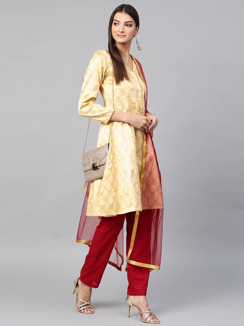 Inddus Beige Art Silk Woven Dress Material With Net Dupatta