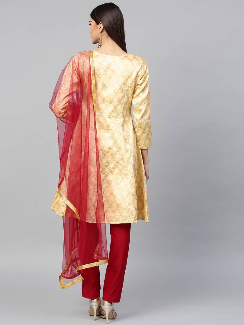 Inddus Beige Art Silk Woven Dress Material With Net Dupatta