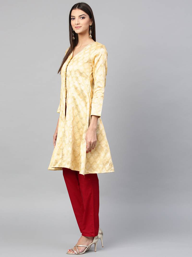 Inddus Beige Art Silk Woven Dress Material With Net Dupatta