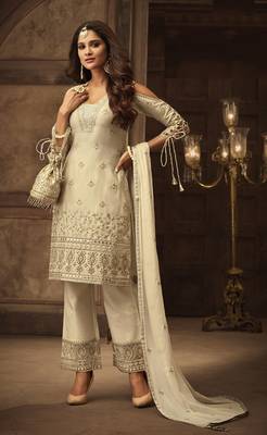 Cream Embroidered Georgette Salwar With Dupatta 1