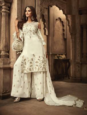 Cream Embroidered Georgette Salwar With Dupatta 1