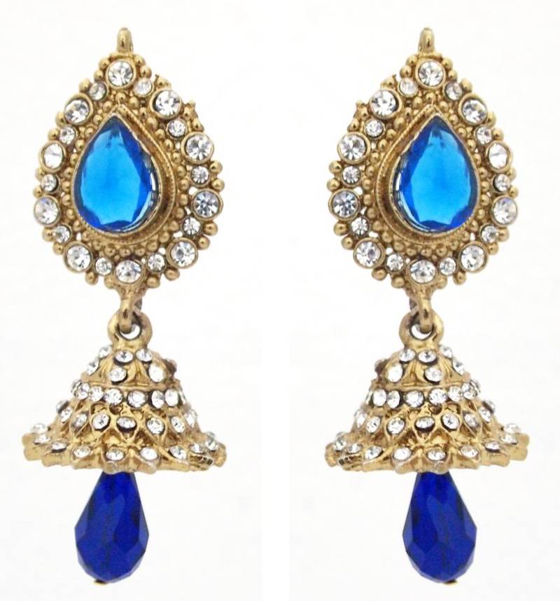 Traditional dark blue color dull gold plated dangle & drop earrings