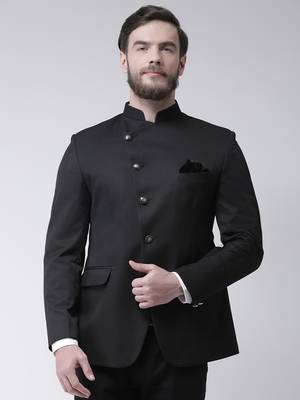 Black Plain Polyester Bandhgala Suit 1