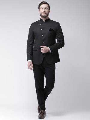 Black Plain Polyester Bandhgala Suit 2