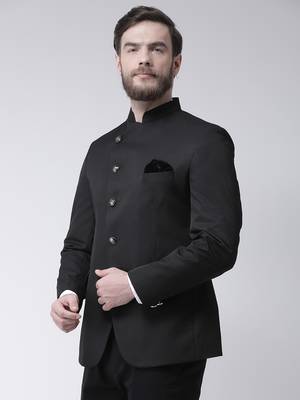 Black Plain Polyester Bandhgala Suit 3