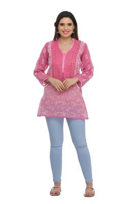 Onion Pink Embroidered Cotton Chikankari Kurti  1