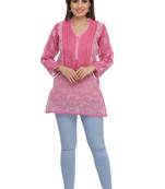 Onion Pink Embroidered Cotton Chikankari Kurti 