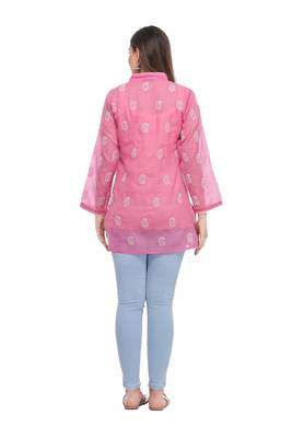 Onion Pink Embroidered Cotton Chikankari Kurti  2