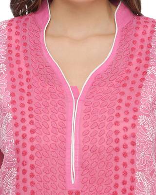 Onion Pink Embroidered Cotton Chikankari Kurti  4
