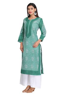 Green Embroidered Cotton Chikankari Kurti 1