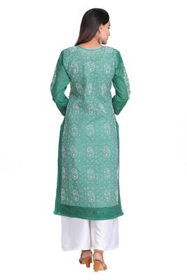 Green Embroidered Cotton Chikankari Kurti 2
