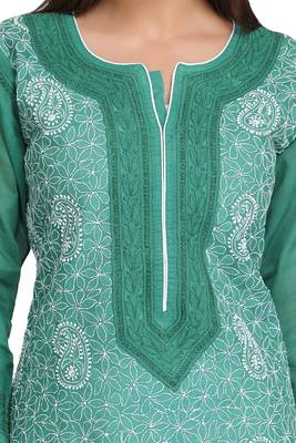 Green Embroidered Cotton Chikankari Kurti 4