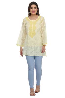 Lemon Embroidered Cotton Chikankari Kurti  1