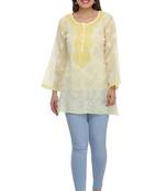Lemon Embroidered Cotton Chikankari Kurti 